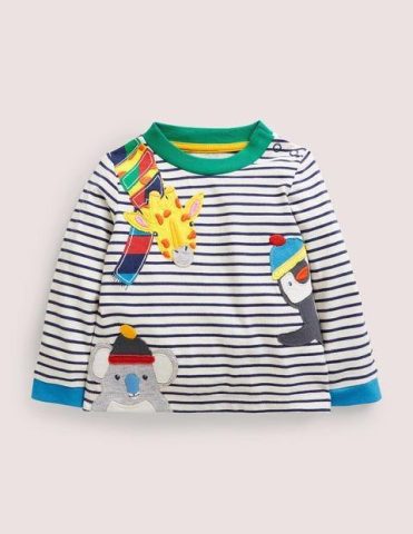 Long-sleeved Appliqué T-shirt Ivory/Navy Global Animals Boys B …